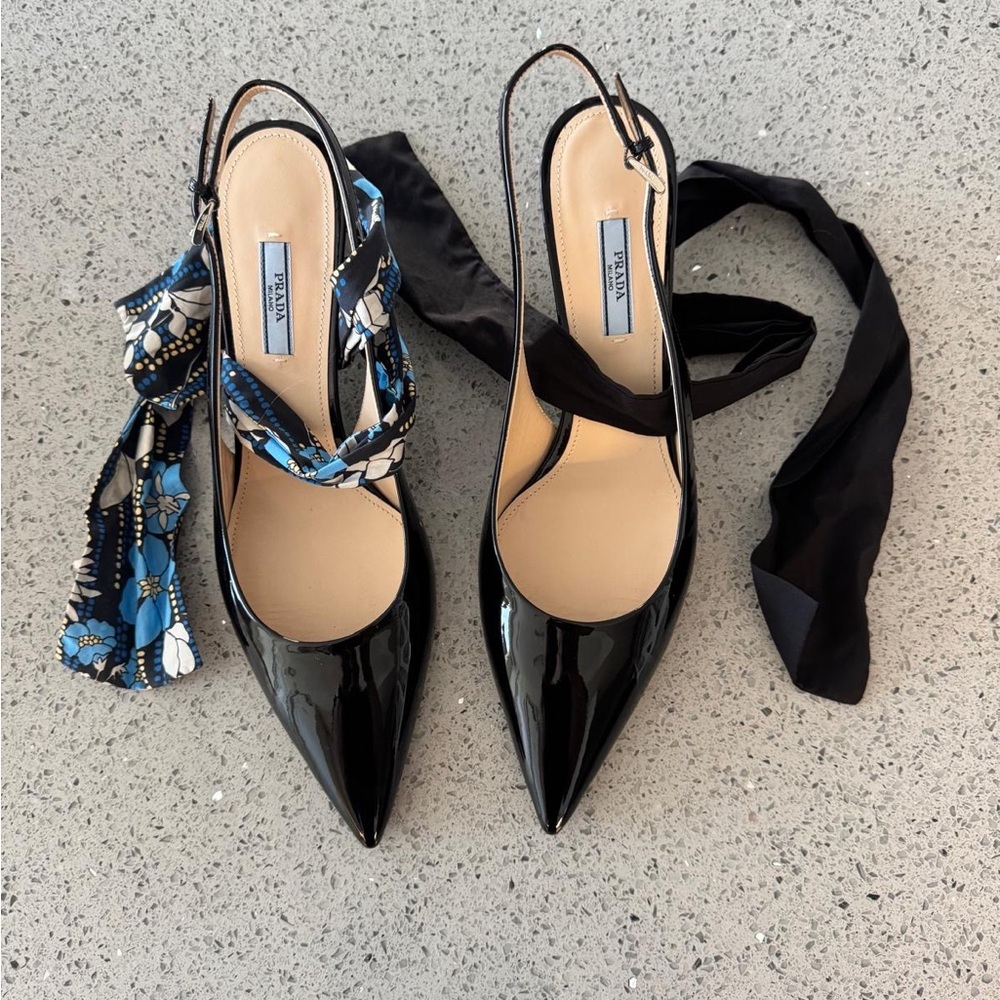 Prada Black Patent Leather Heels with Blue Floral Scarf
